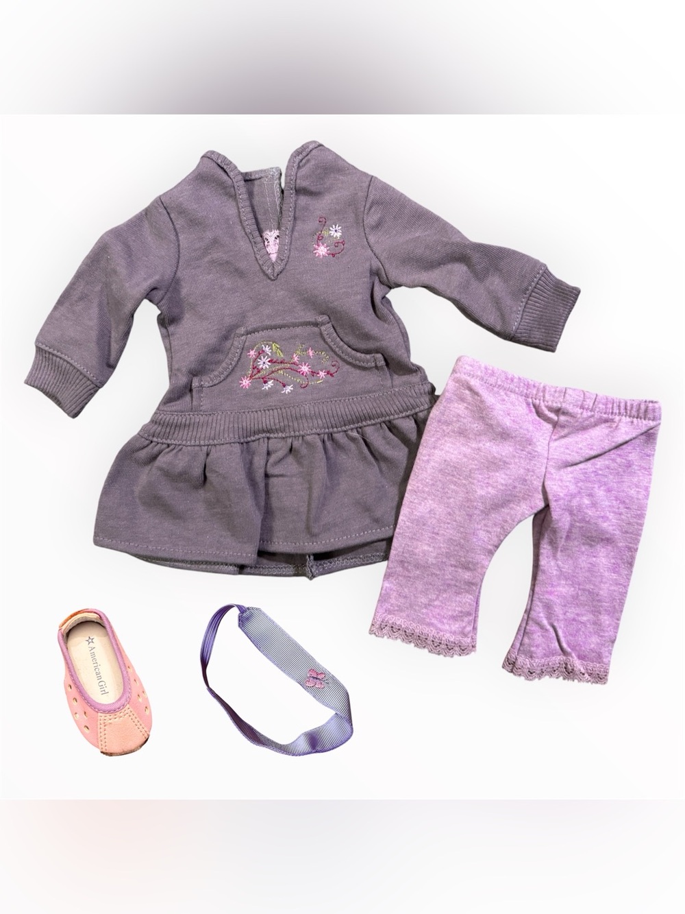 American Girl Doll Licorice Play Outfit Dress Leggings Headband 1 Shoe Purple